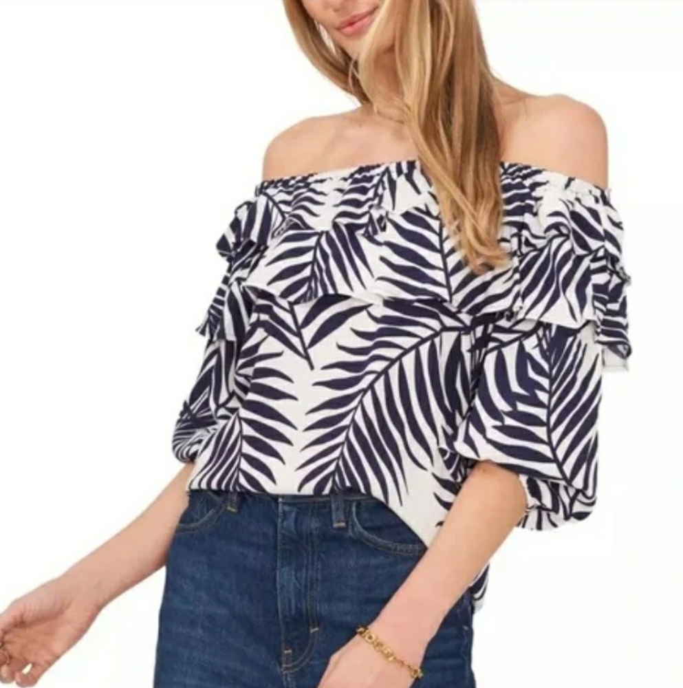 Sam And Jess NWT Blue White Botanical Fern Off Shoulder Tiered Top Size XL